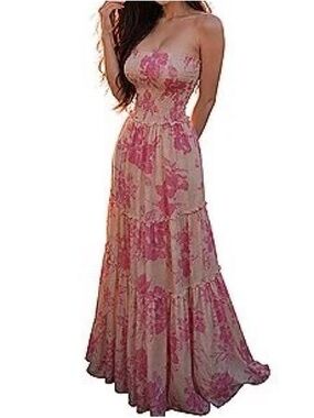Abel the Label Strapless Sundress Smocked Pink and White Floral Maxi Dress Small